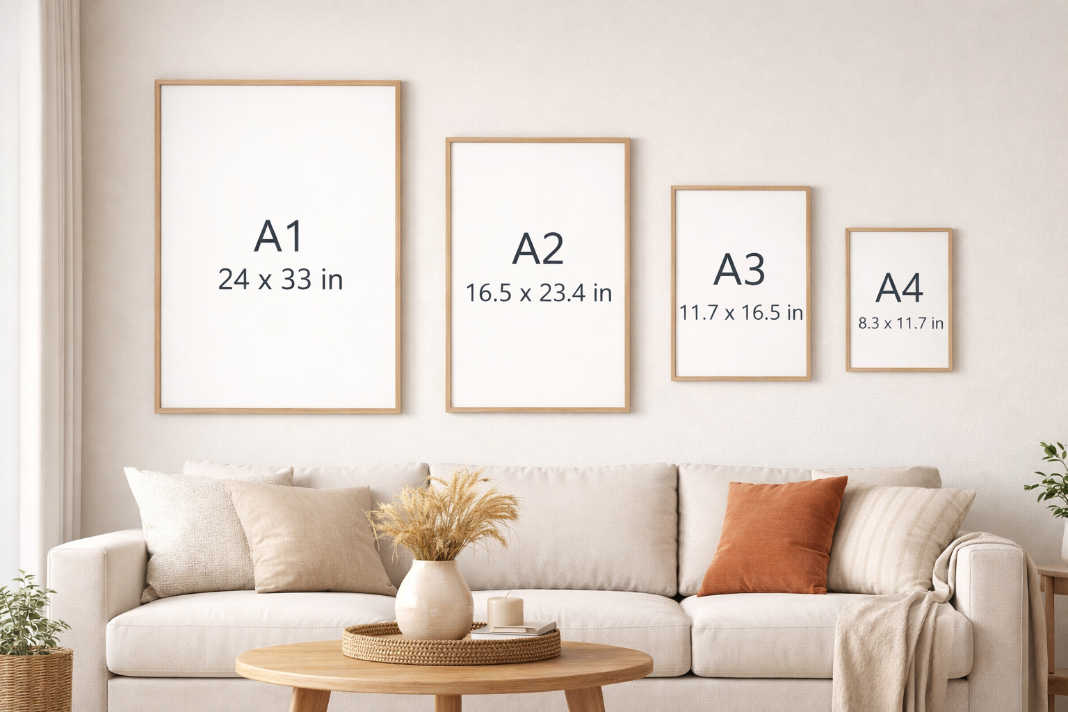 Room mockup showing artwork sizes on a wall